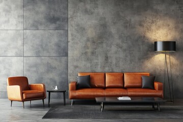 Fototapeta premium Modern Living Room Interior Design Featuring Gray Concrete Wall, Orange Leather Sofa and Armchair, Coffee Table, and Floor Lamp
