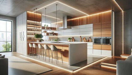 modern kitchen design, wooden and white cabinetry, minimalist aesthetics, clean lines, integrated appliances, kitchen island with seating, stainless steel accents, partially drawn architecture, bright