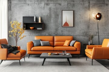 Modern Living Room Interior Design Featuring Gray Concrete Wall, Orange Leather Sofa and Armchair, Coffee Table, and Floor Lamp