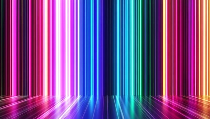 Abstract Digital Wallpaper with Colorful Light Streaks and Vertical Stripes of Multicolored Lights Glowing in Motion on Dark Backdrop, Ideal for Dance Party or Event Decoration, 8K Vector Illustration