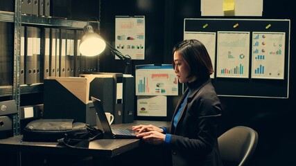 Woman detective arriving at job to solve police investigation, entering archive room to work on...