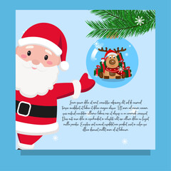 Hand drawn Cute Santa Claus and reindeer ball Christmas greeting, invitation card with new year holidays 