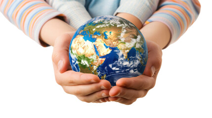 Hands holding a green globe, earth isolated on white background