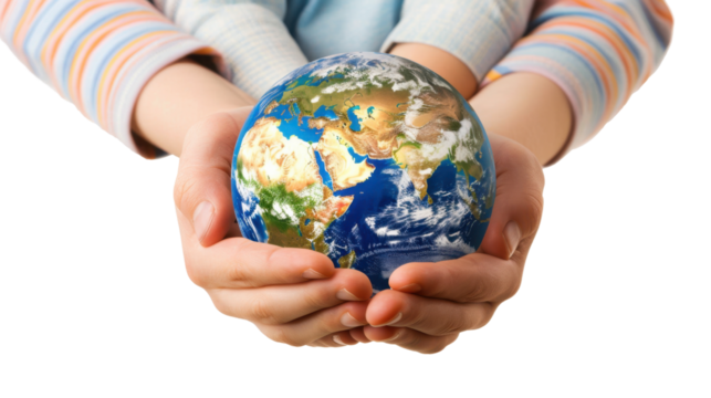 Hands holding a green globe, earth isolated on white background