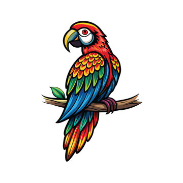recommend clip art: A vector illustration of a vibrant parrot perched on a branch, with colorful feathers, a sharp beak, and a curious expression.