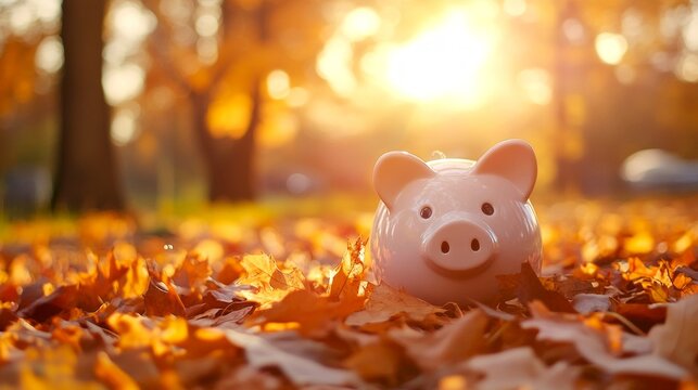 A charming pink piggy bank rests among warm autumn leaves. The soft golden sunlight illuminates the scene. This image captures the essence of savings and fall. AI