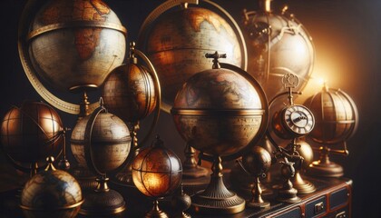 A globe set on a dark surface, surrounded by auto lighting and various glass and metal objects