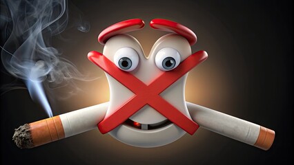 A stern-looking cartoon figure with a red "X" symbol over a lit cigarette, conveying a strong no-smoking message with a disapproving facial expression.