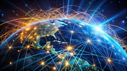 Fototapeta premium A stunning visual representation of interconnected global networks, with glowing fiber optic cables crisscrossing a vibrant, spinning Earth, symbolizing digital communication and connection.