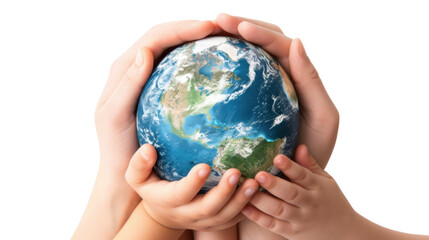 Hands holding a green globe, earth isolated on white background