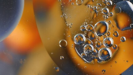 Bubbles rising in a colorful liquid under ambient light creating a mesmerizing abstract effect