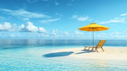 Beach chair and yellow umbrella on small sand island in blue background, rendered in photoshop