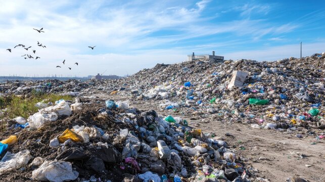 A large landfill with a mountain of trash and a flock of birds flying overhead.