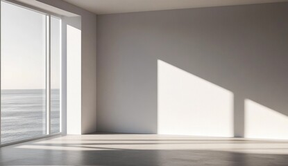 Obraz premium Minimalist Room with Soft Sunlight Streaming Through Large Window Overlooking the Ocean, Creating Gentle Shadows on the Floor, Showcasing the Beauty of Natural Light and Minimalist Interior Design