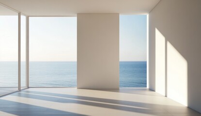 Obraz premium Minimalist Room with Soft Sunlight Streaming Through Large Window Overlooking the Ocean, Creating Gentle Shadows on the Floor, Showcasing the Beauty of Natural Light and Minimalist Interior Design