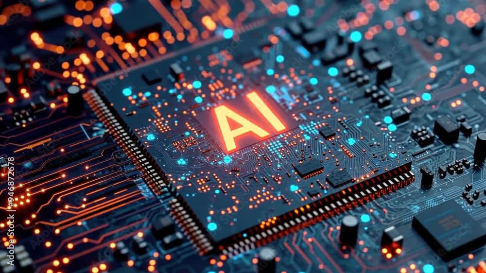 Aufkleber A computer chip with the letters AI on it. The chip is glowing with bright colors. Concept of technology and innovation