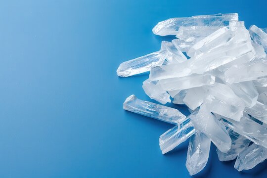 Close-up of crystal methamphetamine shards scattered on a blue surface, highlighting the dangerous substance's appearance and texture.