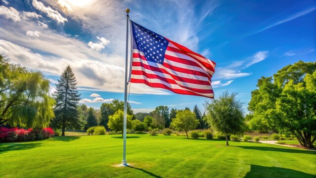 A tall, proud flagpole stands upright in a lush green lawn, its bright American flag waving gently in the breeze on a sunny day.