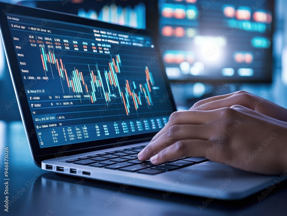 Poster close-up of hands typing on a laptop, analyzing stock market data with graphs and charts, representi