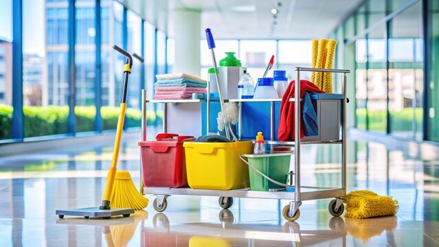 A tidy supply cart filled with mops, brooms, and cleaning products stands against a wall, surrounded by a sparkling clean floor and spotless surfaces.