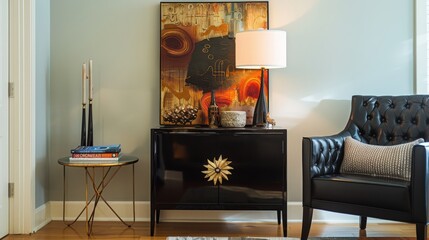Contemporary Elegance: Modern Living Room with Black Commode and Creative Decor 