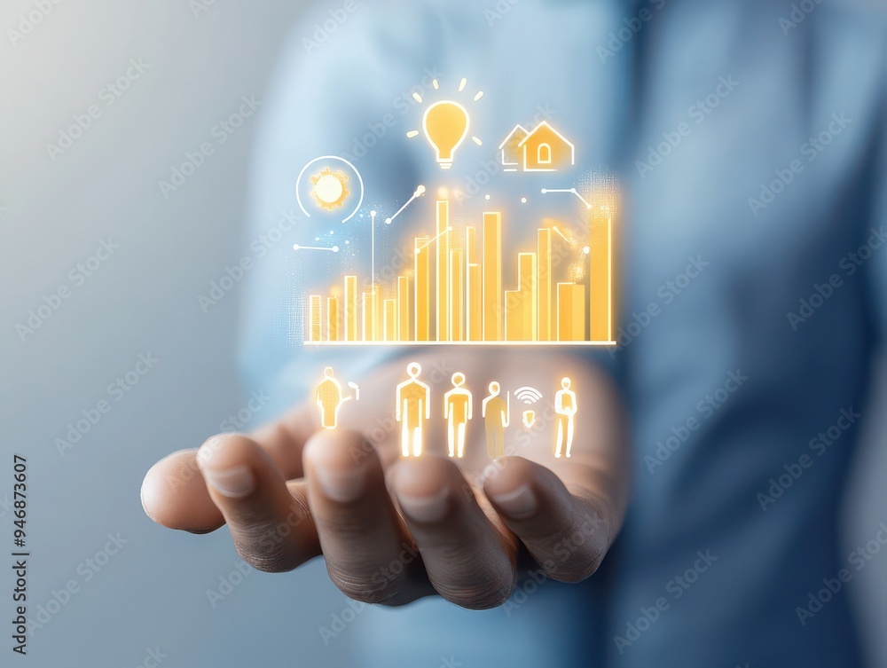 Poster a person displaying digital icons and graphs in their hand, representing data analysis and business 