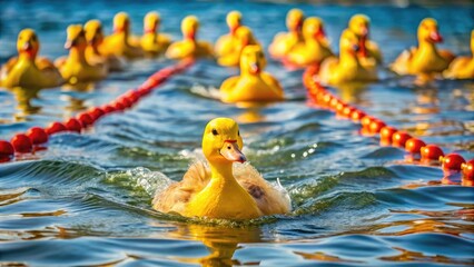 A triumphant yellow duck with a racing number on its back swims energetically across the finish line, leaving other ducks in its wake.
