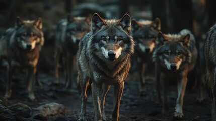 Obraz premium A pack of wolves stand in a dark forest, looking directly at the camera.