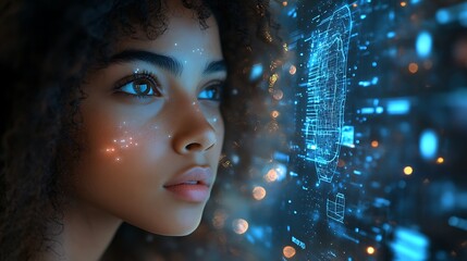  AI cyber security threat illustration, black african american IT specialist, artificial intelligence collage 