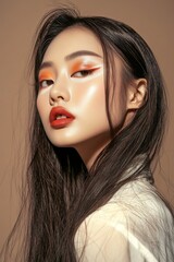 Obraz premium Asian woman with long hair, white and orange eyeshadow, posing sideways with pink blush and red lipstick against a beige background, soft lighting highlighting her features.