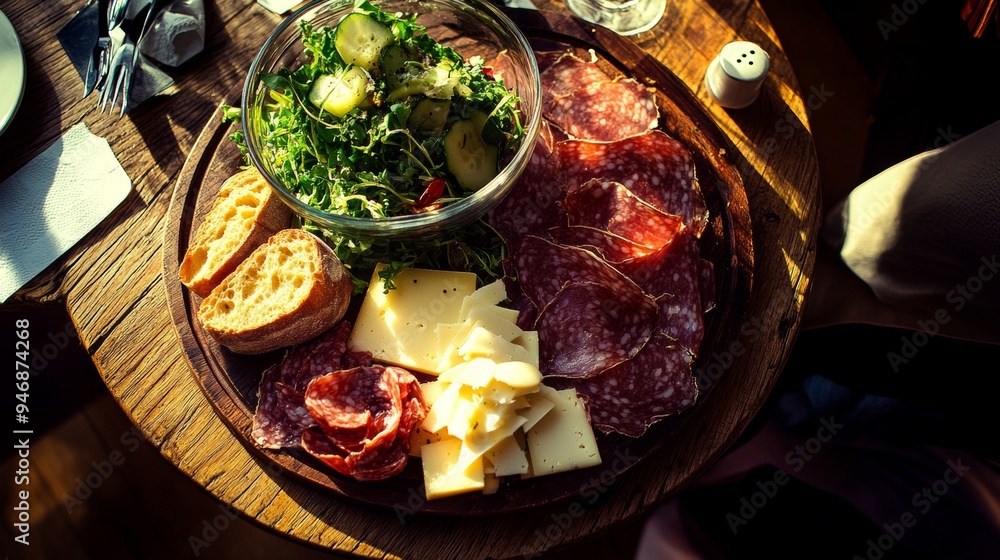 Wall mural The classic Ploughman's Lunch with rustic bread, cheddar cheese, pickles, ham, and salad is traditional English and English cuisine.