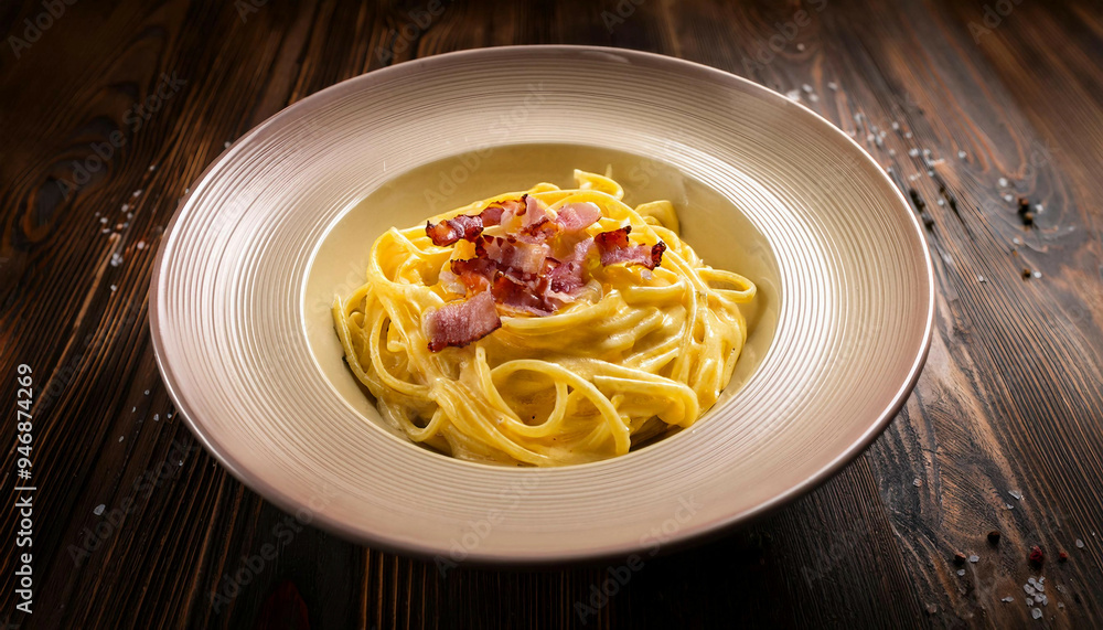 Wall mural Close-up of creamy pasta Carbonara garnished with crispy bacon bits, served in a beige bowl, set against a dark wooden table, highlighting the rich sauce and textures.