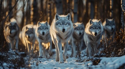 Obraz premium A pack of wolves walk through a snowy forest with the sun setting in the background.
