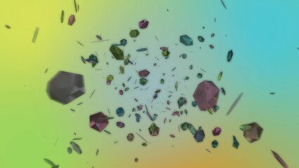 Colorful abstract explosion of geometric shapes swirling in a vibrant gradient background during a...