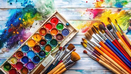 Obraz premium A vibrant, open paintbox overflowing with an assortment of colorful brushes, tubes, and palettes, set against a clean, white, minimalist background, evoking creativity and artistry.