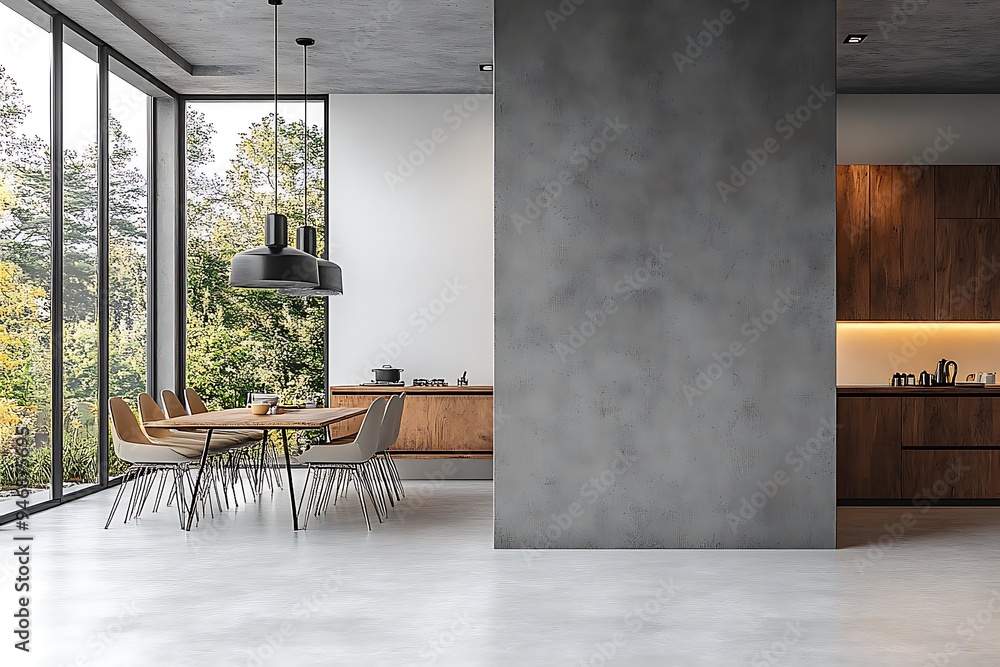 Wall mural  Stone house kitchen interior with cooking cabinet, dining table near window 