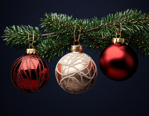 Obraz premium Christmas ornaments hanging from a pine branch, set against a dark blue background, capturing the festive holiday spirit.