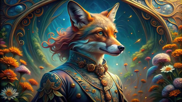 A whimsical, dreamlike portrait of a fox with a Victorian-era inspired attire and ornate background, blending fantasy and reality in a vibrant, swirling landscape.