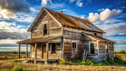 Obraz premium A worn, century-old wooden home stands alone in a rural landscape, its faded white paint peeling, shutters hanging loose, and rusty roof sagging.