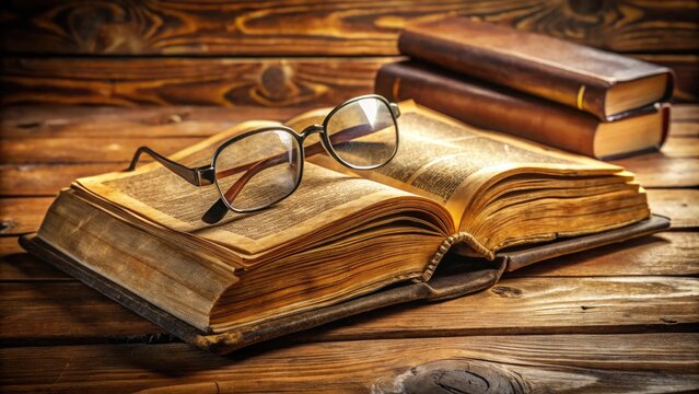 A worn, leather-bound dictionary lies open on a wooden desk, revealing a definition on a yellowed page, surrounded by scattered papers and a pair of reading glasses.