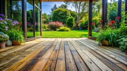 A worn wooden floor extends outdoors, blurring the line between indoor and outdoor living, with lush green grass and flowers surrounding the transition.