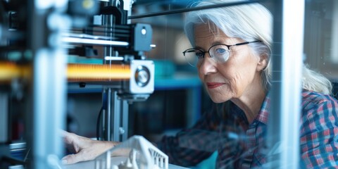  woman using a 3D printer, watching the machine create a prototype design
