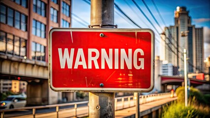 Obraz premium Bright red warning sign with bold white font and black outline, mounted on a rusty metal pole, set against a blurred urban background.