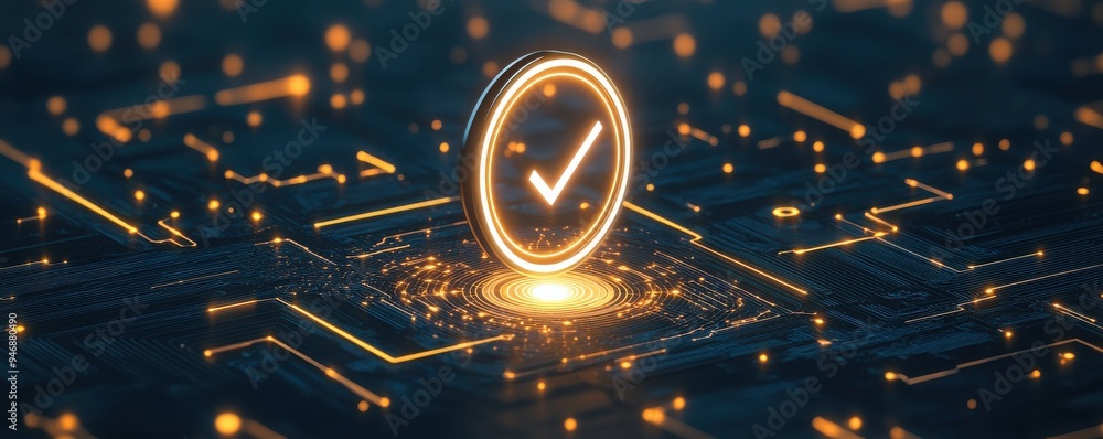 Poster a glowing check mark on a dark technological background, symbolizing approval and confirmation in a 