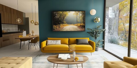 modern living room, minimalist design, yellow sofa and armchair, teal accent wall, large window, natural light, autumn-themed wall art, indoor plants, coffee table, cozy ambiance, contemporary decor.