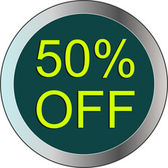 Sale tag 50% off, vector illustration, circle shape, art.