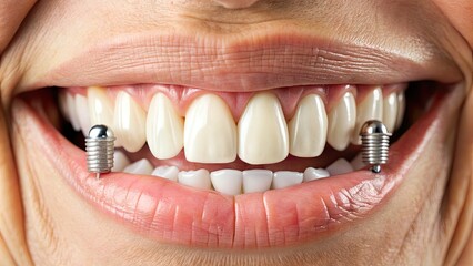 Obraz premium Close-up of a mouth with dental implants supporting a denture, showcasing a natural-looking smile with pearly whites and healthy gums in a serene atmosphere.