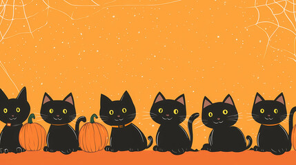 Cute Halloween Border with Black Cats on orange background