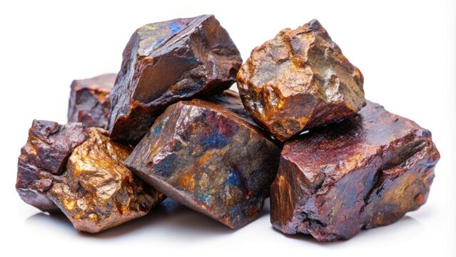 Close-up of manganese ore chunks with metallic luster, iron oxide streaks, and rough textures, isolated on a white background, showcasing its natural geological formations.
