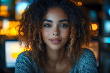 Fototapeta premium Inclusive image of happy blasian woman working on computer in creative agency office workplace. Young successful mixed race female businesswoman talking on client video call team meeting